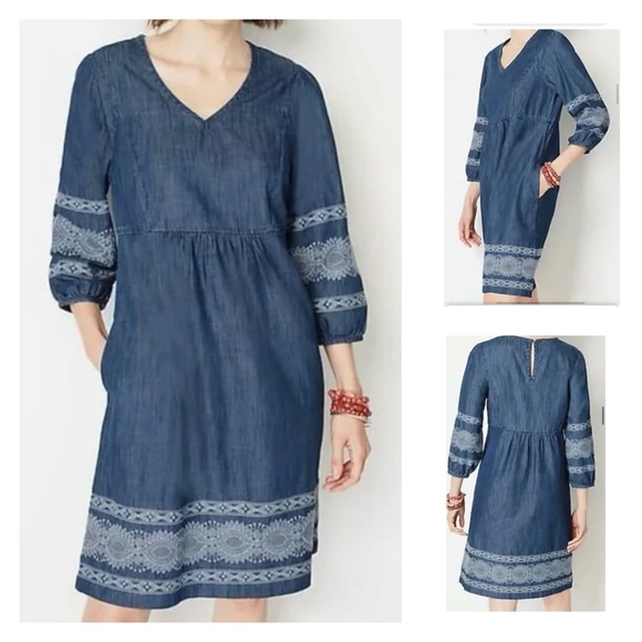 J. Jill Dresses & Skirts - J.Jill Denim Medium Blue Embroidered Indigo Peasant Dress 100% Cotton
